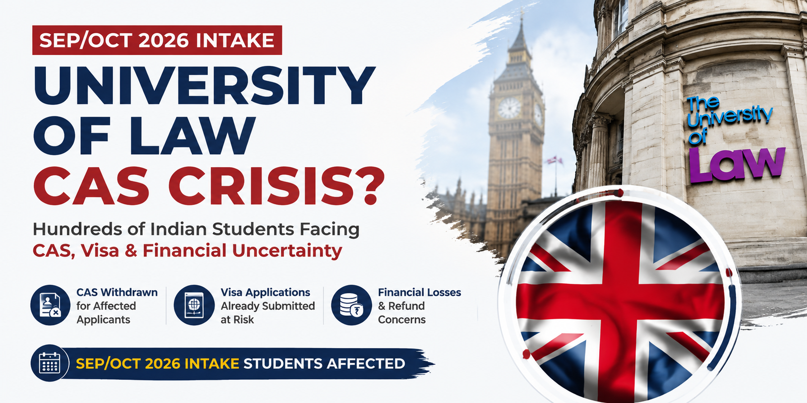 Sudden University of Law Decision Leaves September/October 2026 Intake Students Facing CAS, Visa and Financial Uncertainty